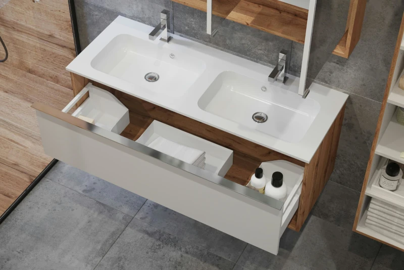Productos Mueble de baño con cajones abiertos que muestran soluciones de almacenaje interior