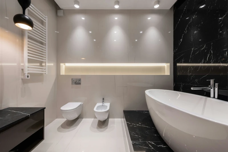 Productos Sanitarios suspendidos junto a bañera en baño contemporáneo